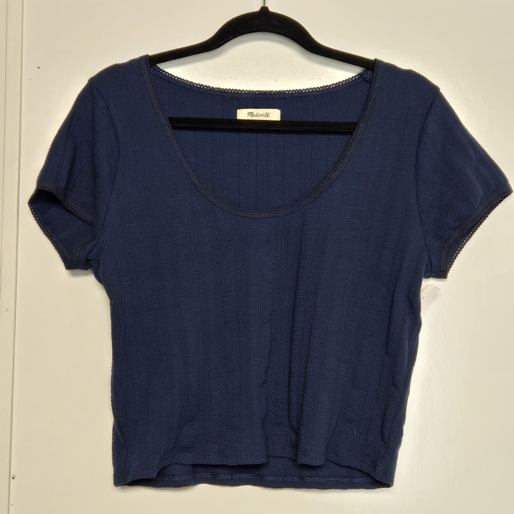Madewell Blue Pointelle Scoopneck Crop Tee Sz L